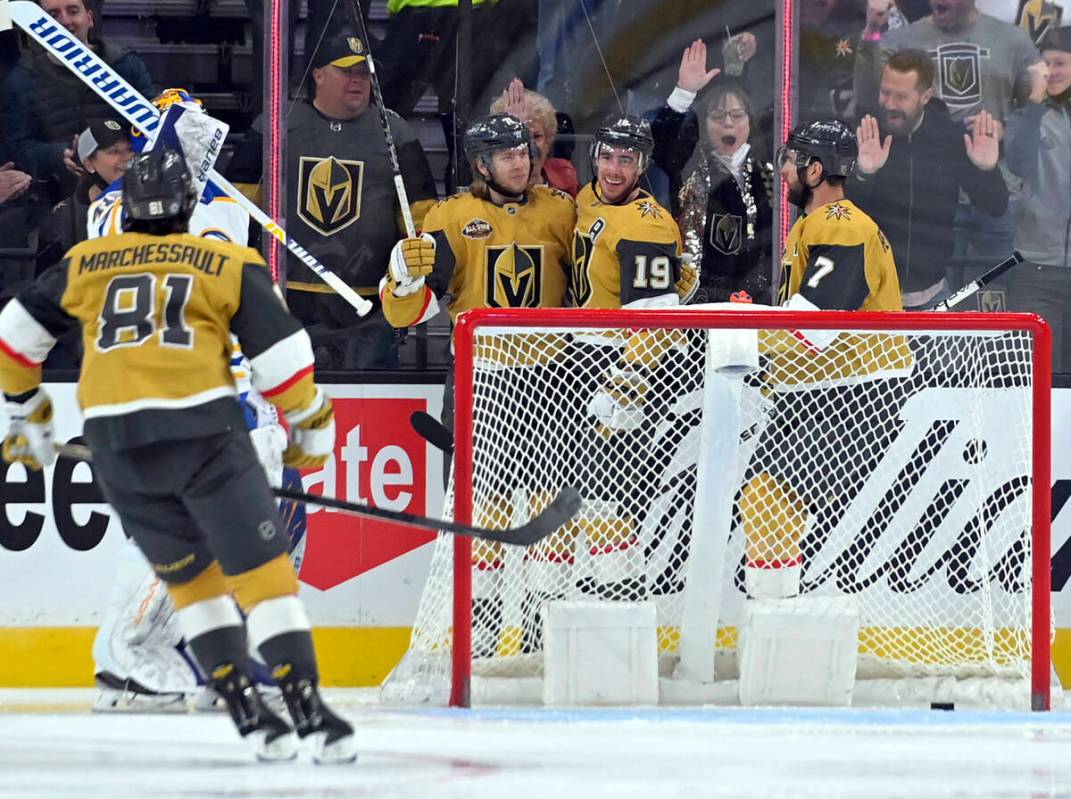 Vegas Golden Knights right wing Reilly Smith (19) celebrates his goal against the Buffalo Sabre ...