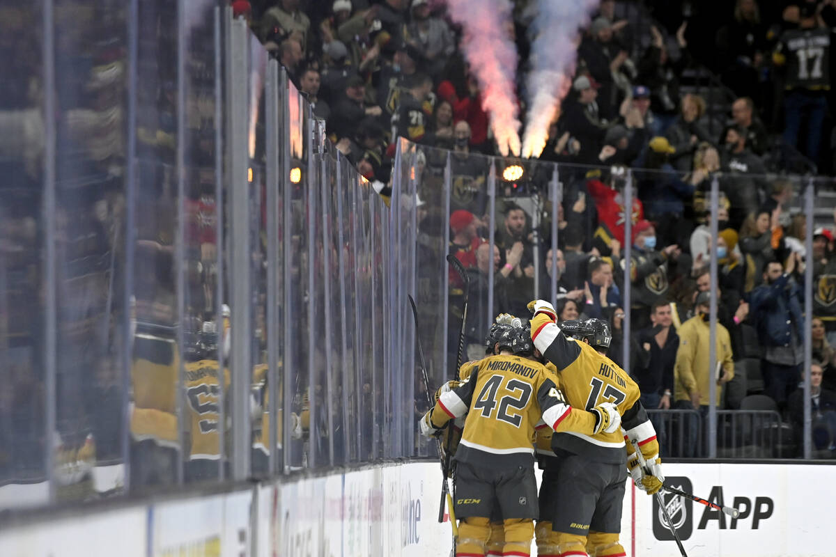 The Vegas Golden Knights celebrate a goal against the Buffalo Sabres during the first period of ...
