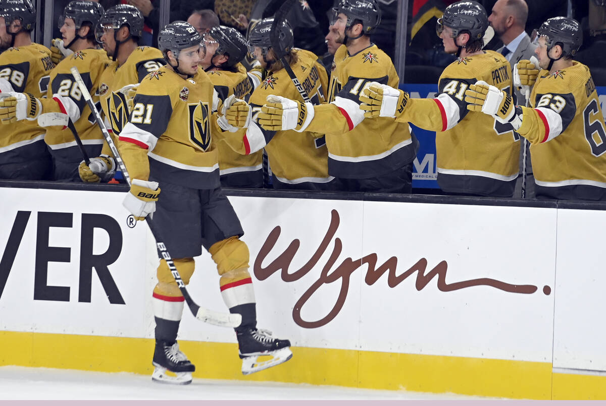 Vegas Golden Knights center Brett Howden (21) is congratulated for his goal against the Buffalo ...