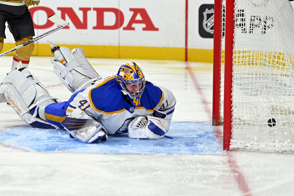 Buffalo Sabres goaltender Craig Anderson watches the puck get past him for a goal by the Vegas ...