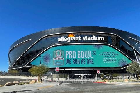 Allegiant Stadium's media mesh screen featuring a Pro Bowl advertisement on it on Tues. Jan. 25 ...