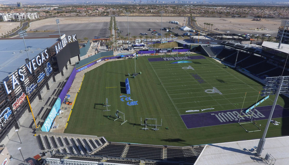 An aerial photo shows the Las Vegas Ballpark in Summerlin being transformed into a football fie ...