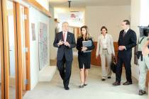 Larry Ruvo ,co-founder and chairman of Keep Memory Alive, left, walks with Maria Shriver, found ...