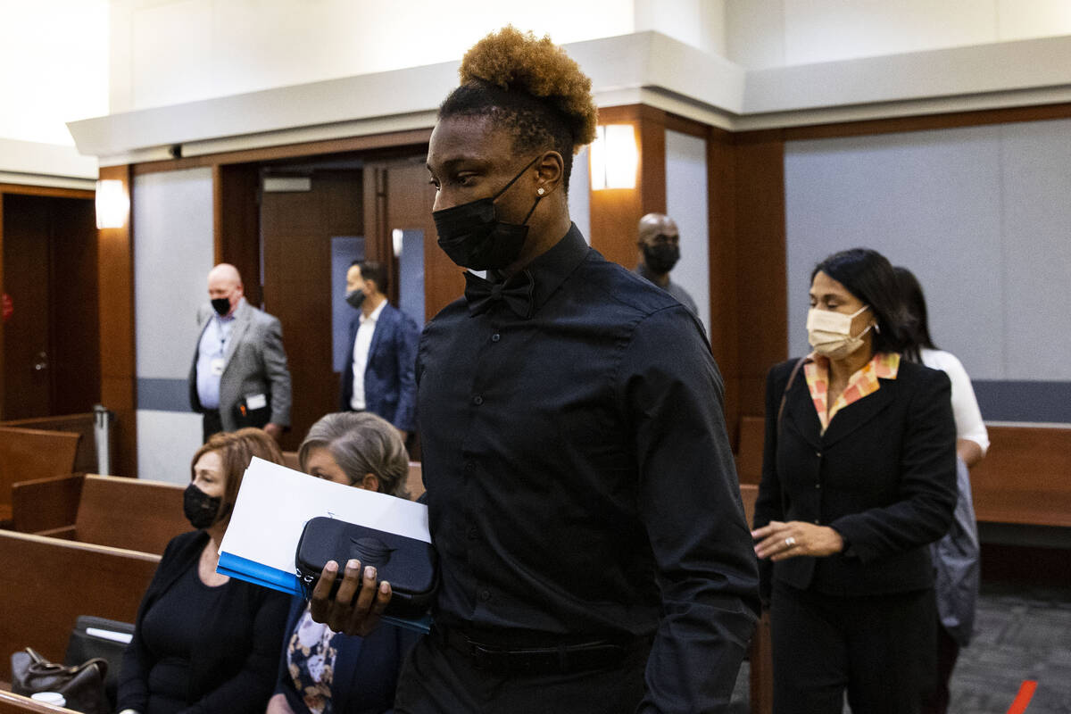 Former Las Vegas Raiders wide receiver Henry Ruggs III arrives at court during his hearing at t ...