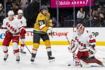 Golden Knights right wing Mark Stone (61) shoots on Carolina Hurricanes goaltender Antti Raanta ...