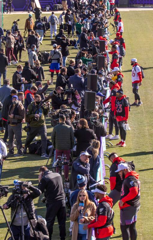 Players do media interviews during AFC Pro Bowl team practice at the Las Vegas Ballpark on Thur ...