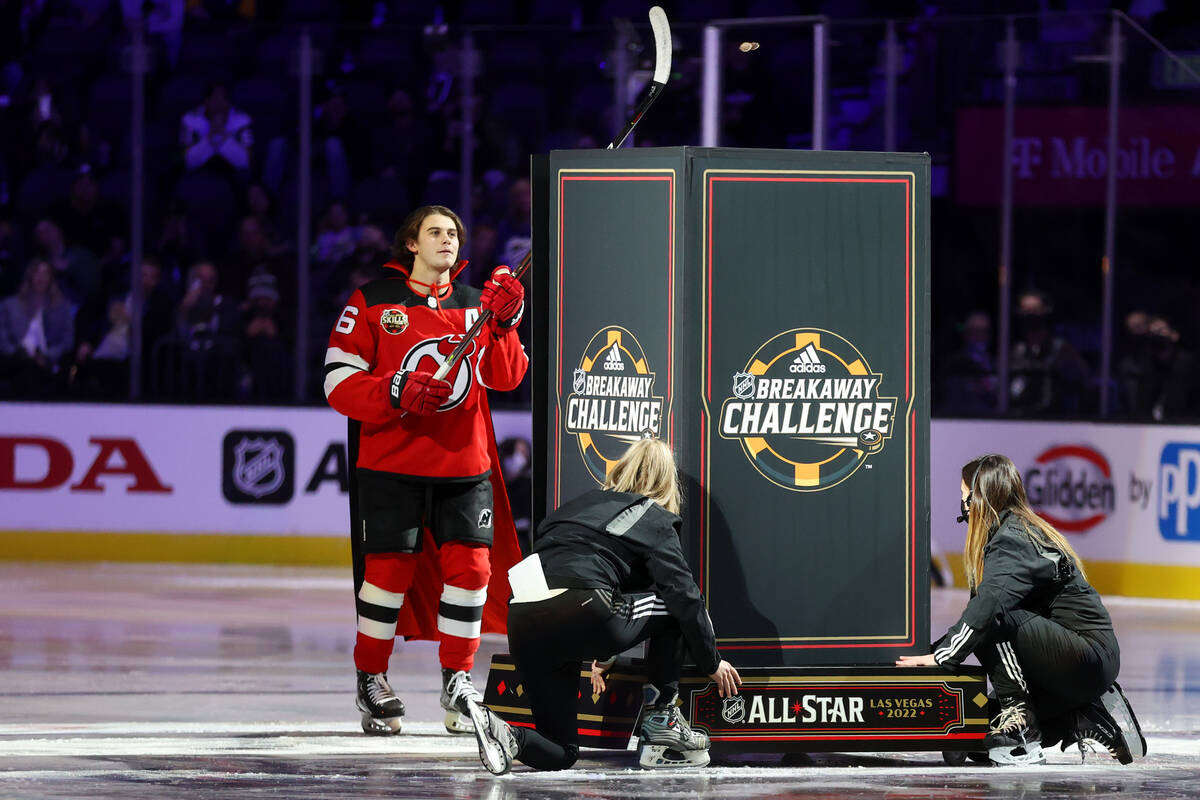 New Jersey Devils center Jack Hughes (86) competes in the Breakaway Challenge during the NHL Al ...