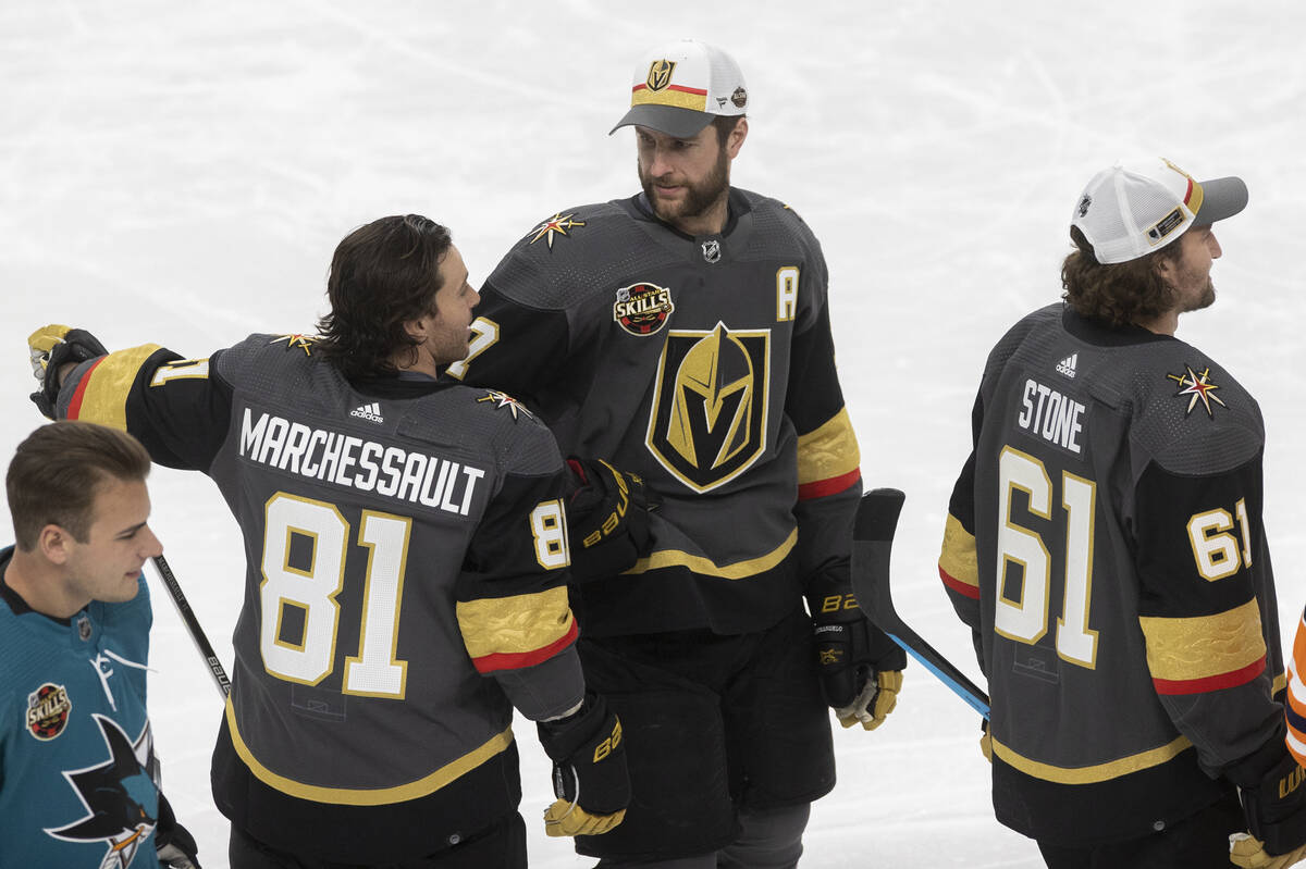 Golden Knights players Jonathan Marchessault (81), Alex Pietrangelo (7) and Mark Stone (61) dur ...