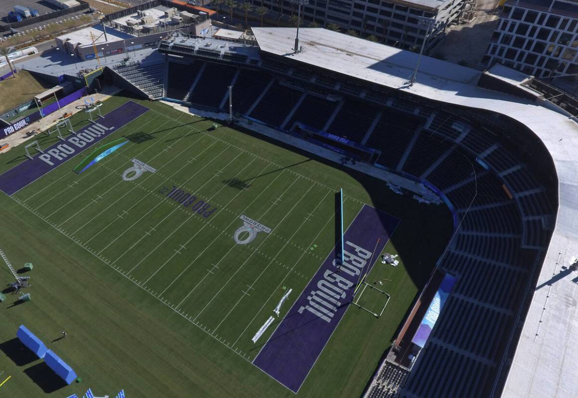 An aerial photo shows the Las Vegas Ballpark in Summerlin being transformed into a football fie ...