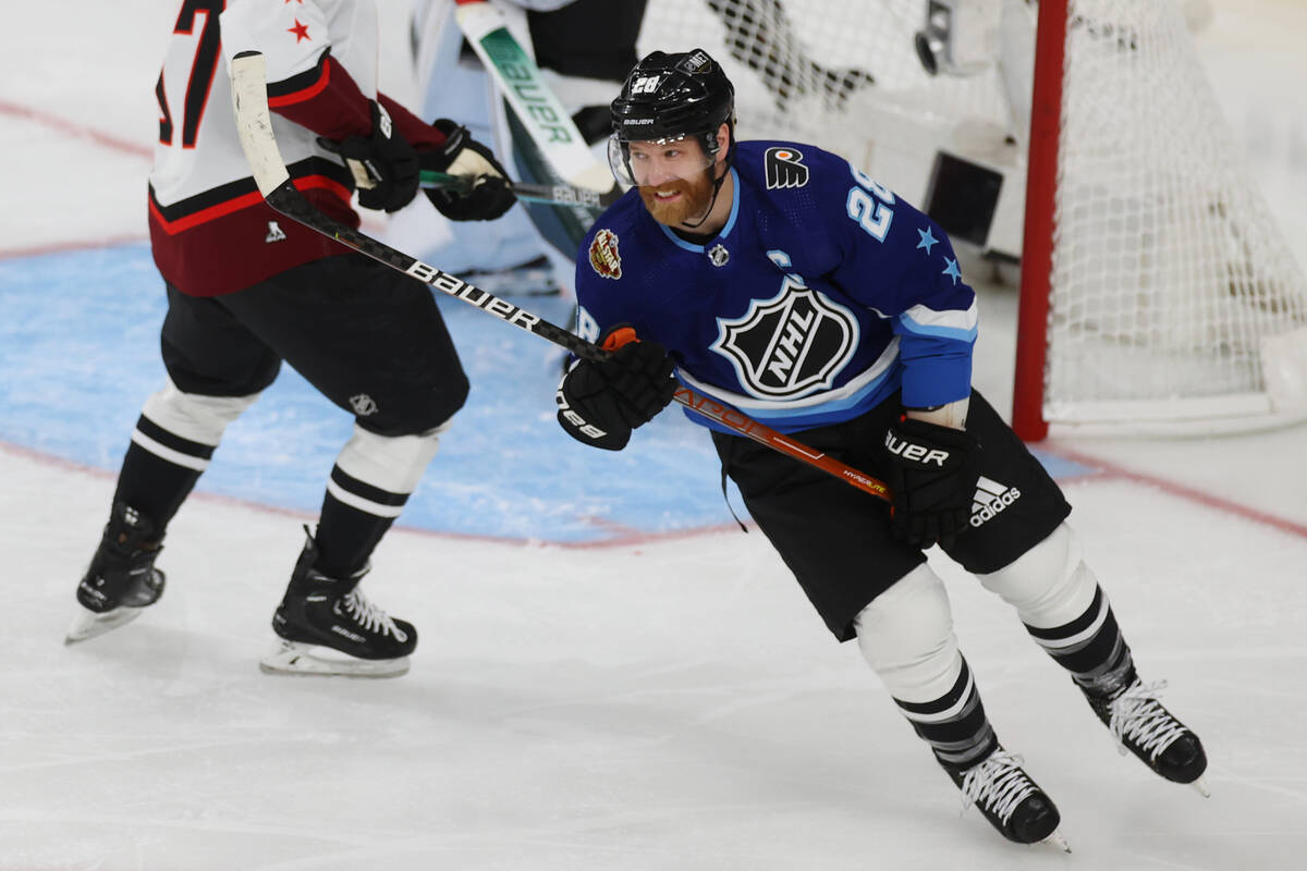 Philadelphia Flyers Claude Giroux (28) plays during the NHL All-Star Game at T-Mobile Arena in ...