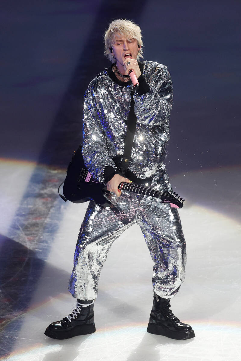 Machine Gun Kelly performs during the NHL All-Star Game at T-Mobile Arena in Las Vegas, Saturda ...