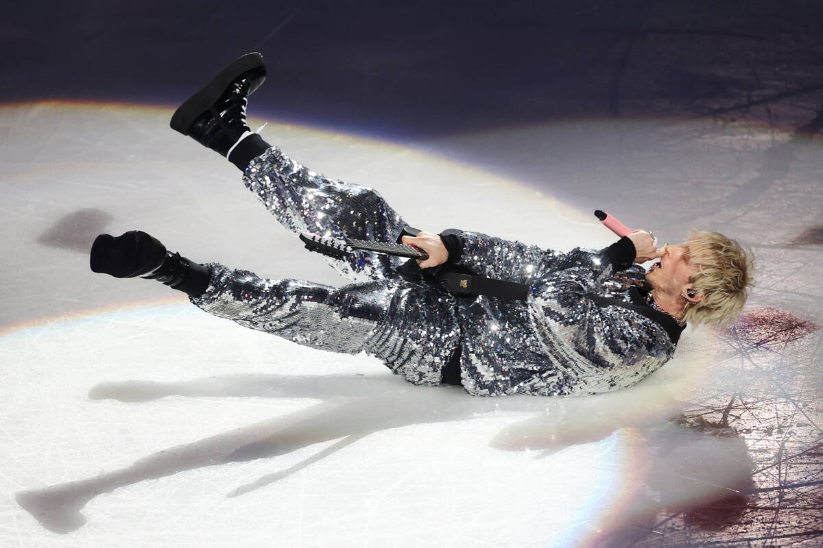 Machine Gun Kelly performs during the NHL All-Star Game at T-Mobile Arena in Las Vegas, Saturda ...