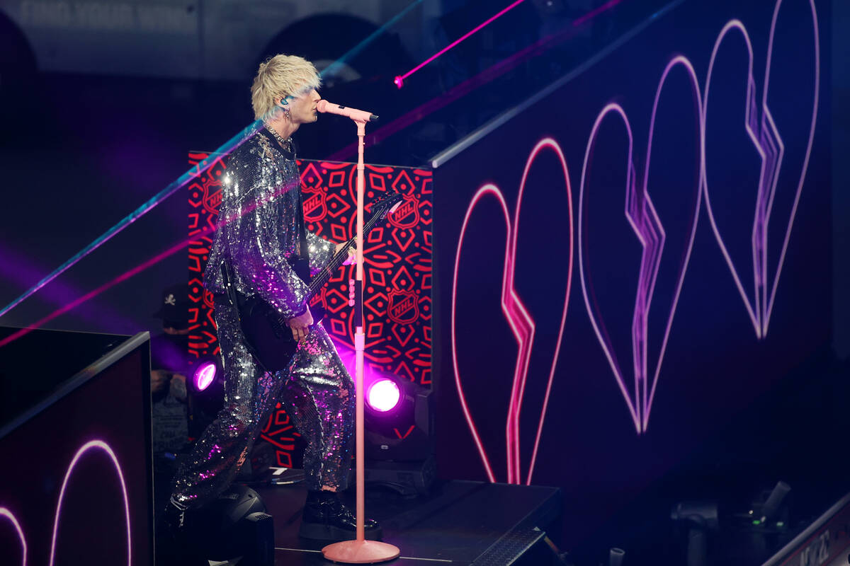 Machine Gun Kelly performs during the NHL All-Star Game at T-Mobile Arena in Las Vegas, Saturda ...