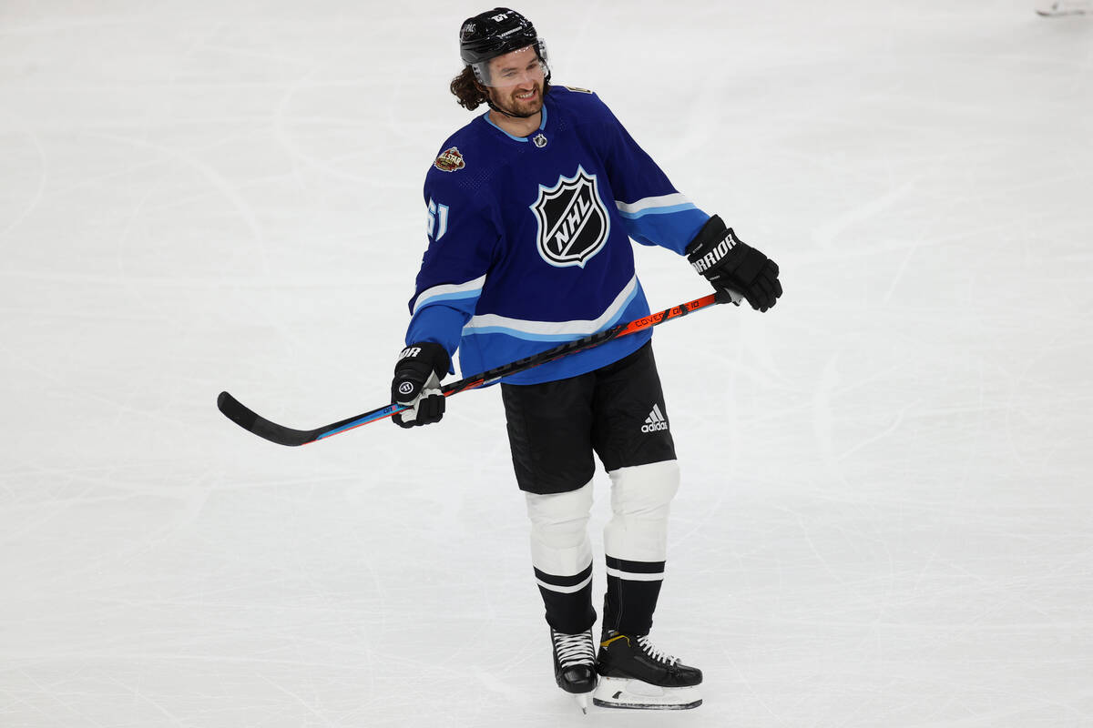 Vegas Golden Knights forward Mark Stone (61) reacts after scoring during the NHL All-Star Game ...