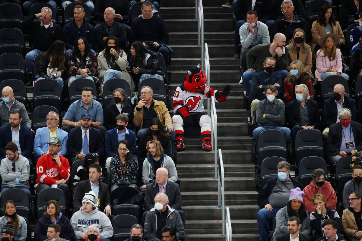 New Jersey Devils mascot NJ Devil waves at fans during the NHL All-Star Game at T-Mobile Arena ...