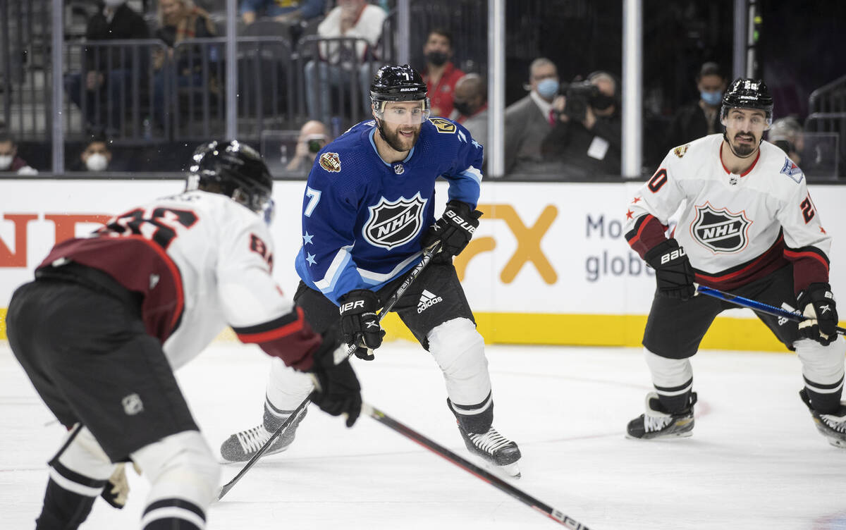 Vegas Golden Knights defenseman Alex Pietrangelo (7) competes for the puck during the NHL All-S ...