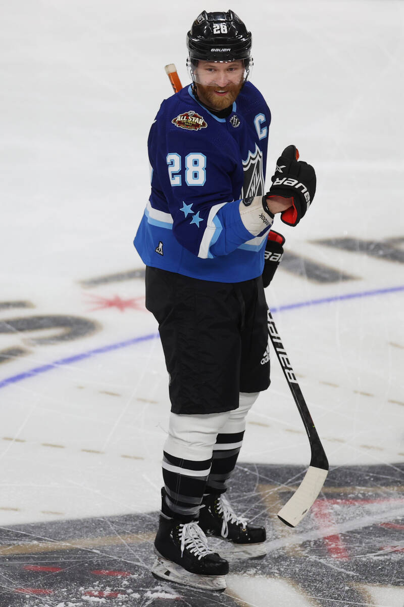 Philadelphia Flyers Claude Giroux (28) gestures after scoring a goal during the NHL All-Star Ga ...