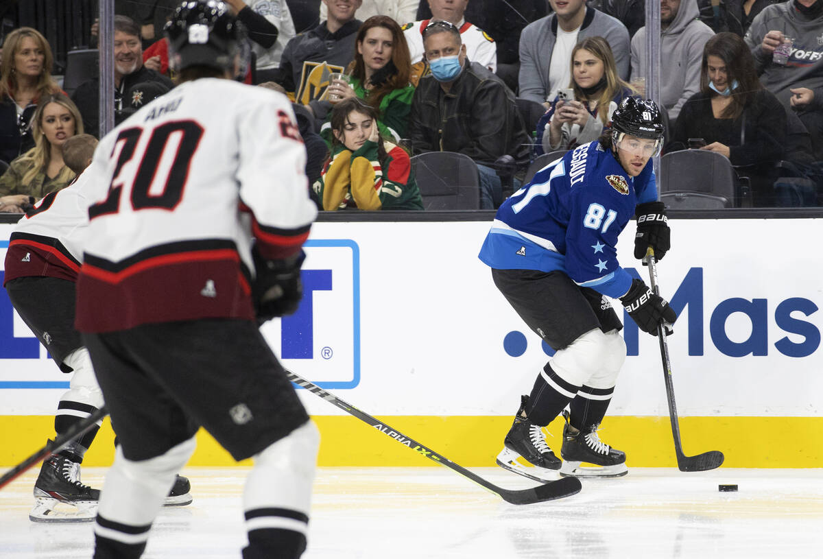 Vegas Golden Knights forward Jonathan Marchessault (81) pushes the puck up ice during the NHL A ...