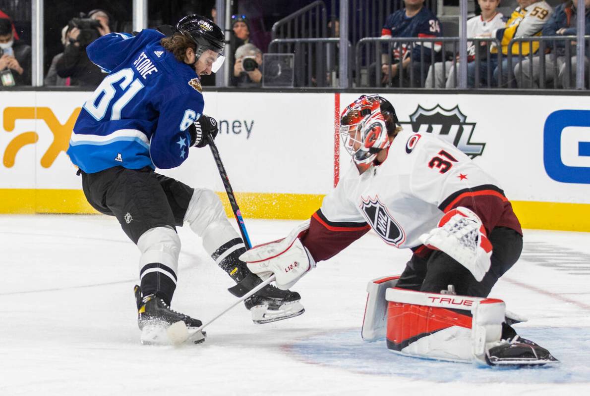 Vegas Golden Knights forward Mark Stone (61) shoots on Carolina Hurricanes goaltender Frederik ...