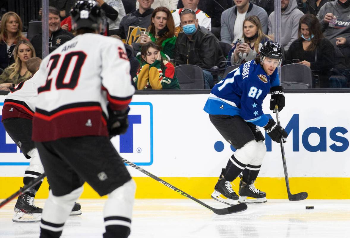 Vegas Golden Knights forward Jonathan Marchessault (81) pushes the puck up ice during the NHL A ...