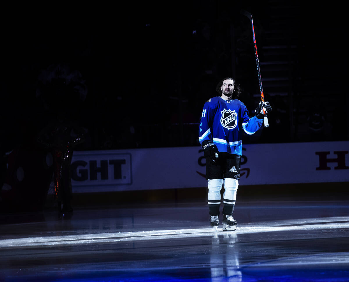 Vegas Golden Knights forward Mark Stone (61) is introduced before the start of the NHL All-Star ...