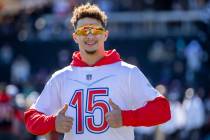 Kansas City Chiefs quarterback Patrick Mahomes jokes around for fans during AFC Pro Bowl team p ...