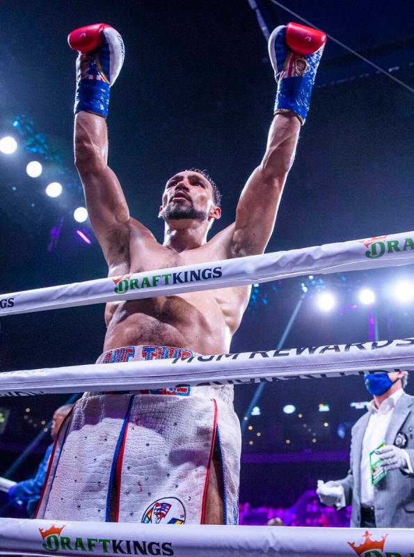 Keith Thurman celebrates his win over Mario Barrios after their 12-round Welterweight fight in ...