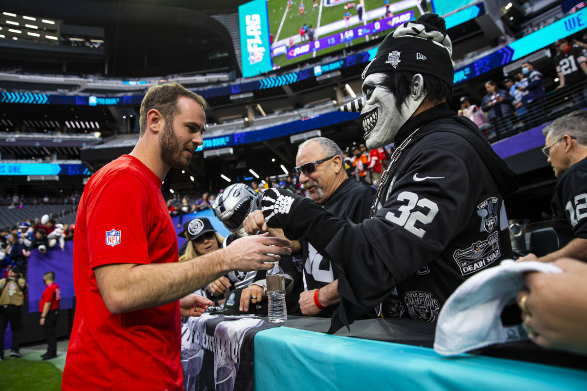 AFC wide receiver Hunter Renfrow of the Las Vegas Raiders greets fan Jesse Lopez, of Riverside, ...