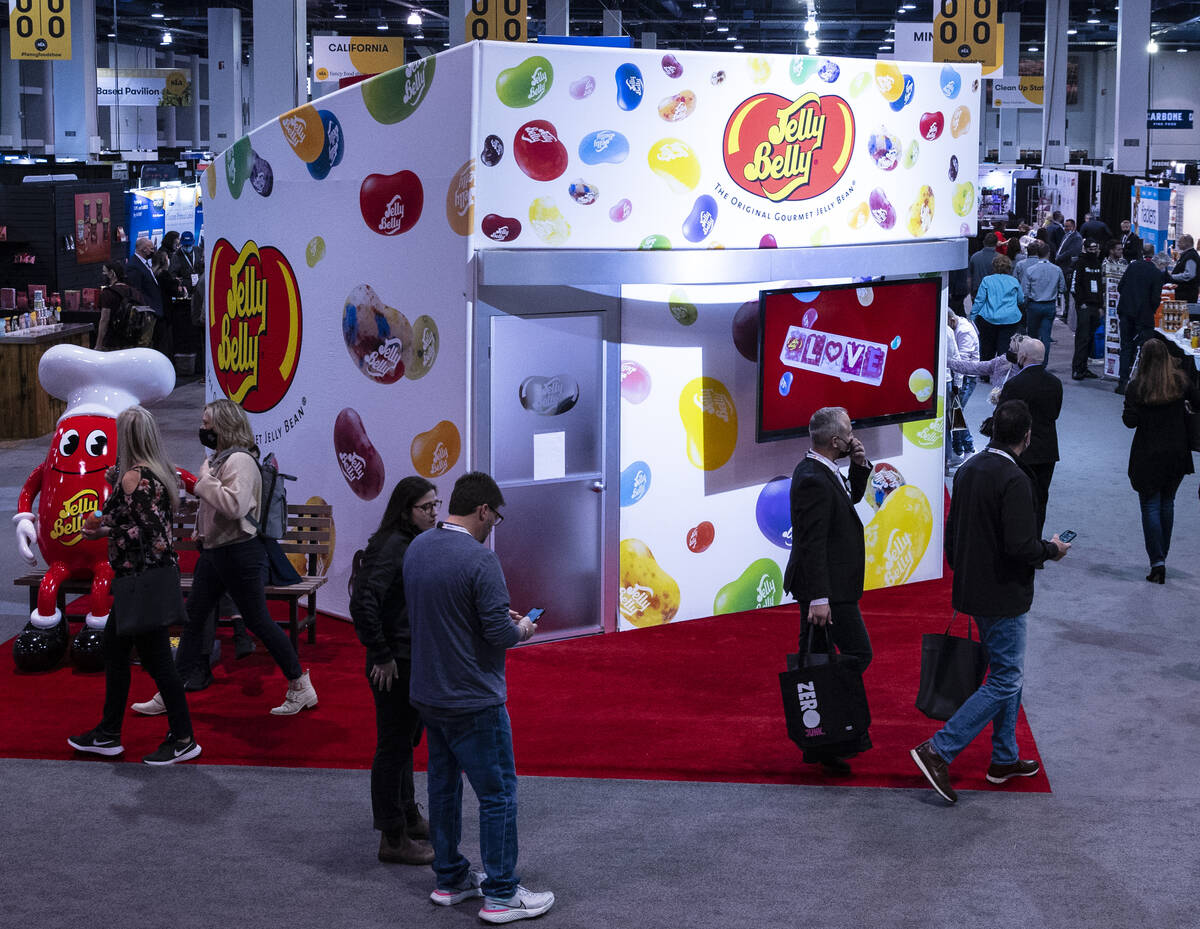 Food show goers arrive at the Las Vegas Convention Center to attend the Fancy Food Show on Mond ...