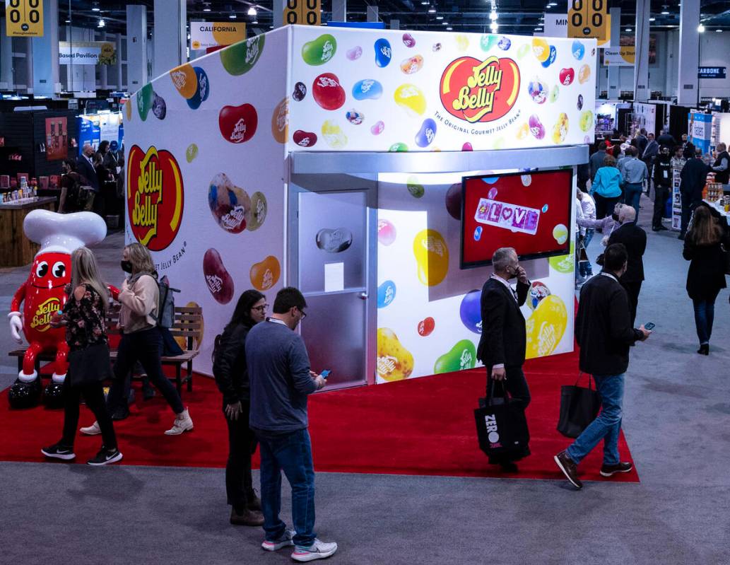 Food show goers arrive at the Las Vegas Convention Center to attend the Fancy Food Show on Mond ...