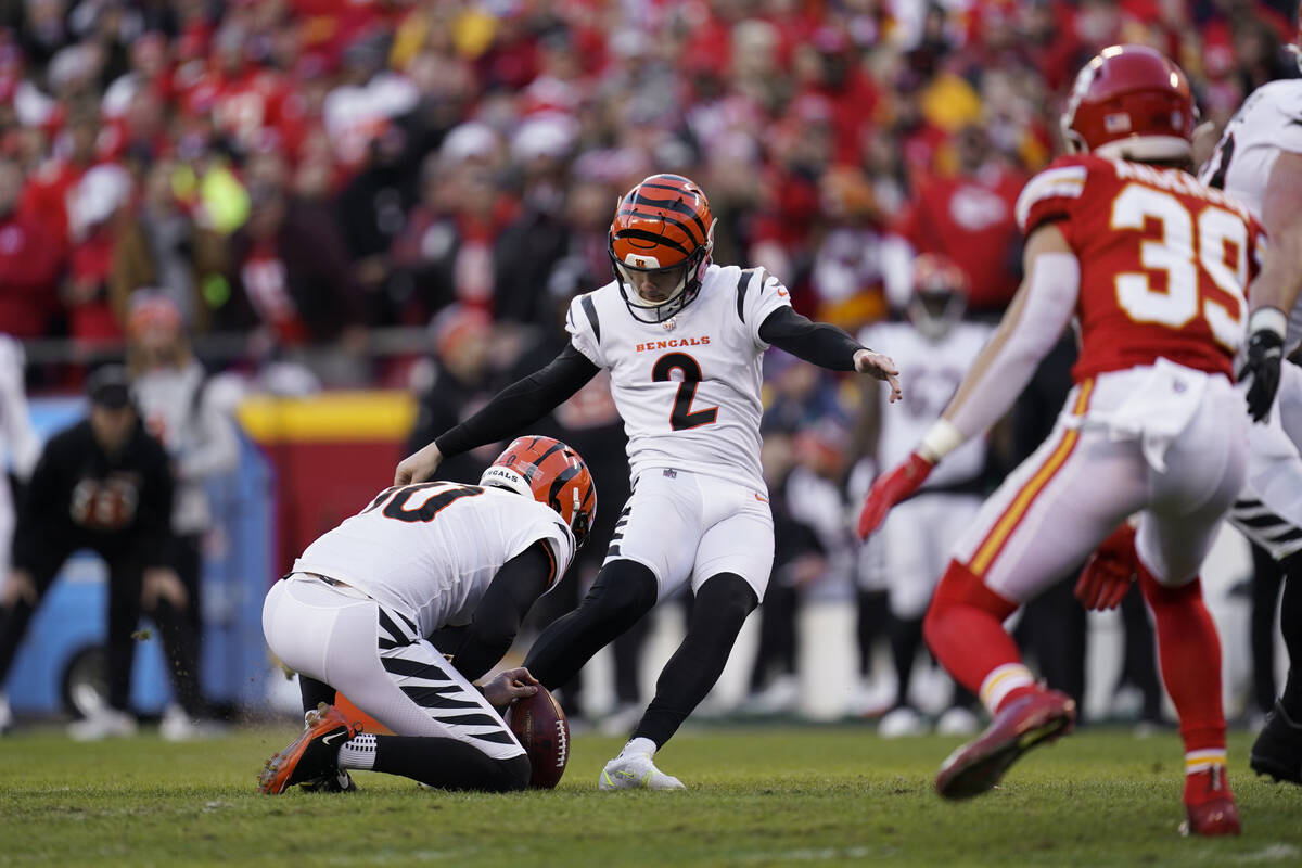 Cincinnati Bengals kicker Evan McPherson (2) kicks a field goal against the Kansas City Chiefs ...