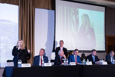 Nevada Republican governor candidate Michele Fiore, left, speaks as candidates left to right, N ...
