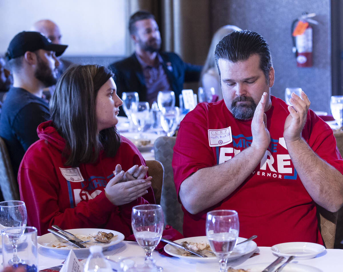 Nevada Republican governor candidate Michele Fiore’s supporters Melanie McNair and Chris ...