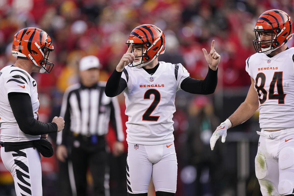 Cincinnati Bengals kicker Evan McPherson (2) celebrates after kicking a 52-yard field goal duri ...