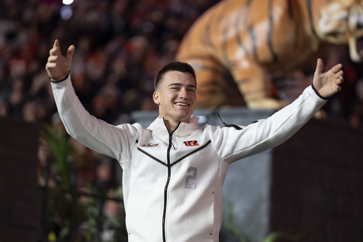 Cincinnati Bengals kicker Evan McPherson (2) enters the field during the Super Bowl LVI Opening ...