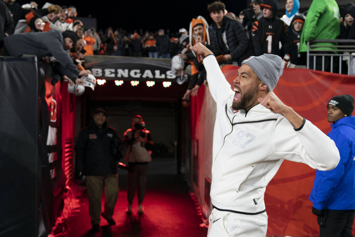 Fans attend the Super Bowl LVI Opening Night Fan Rally Monday, Feb. 7, 2022, in Cincinnati. (AP ...