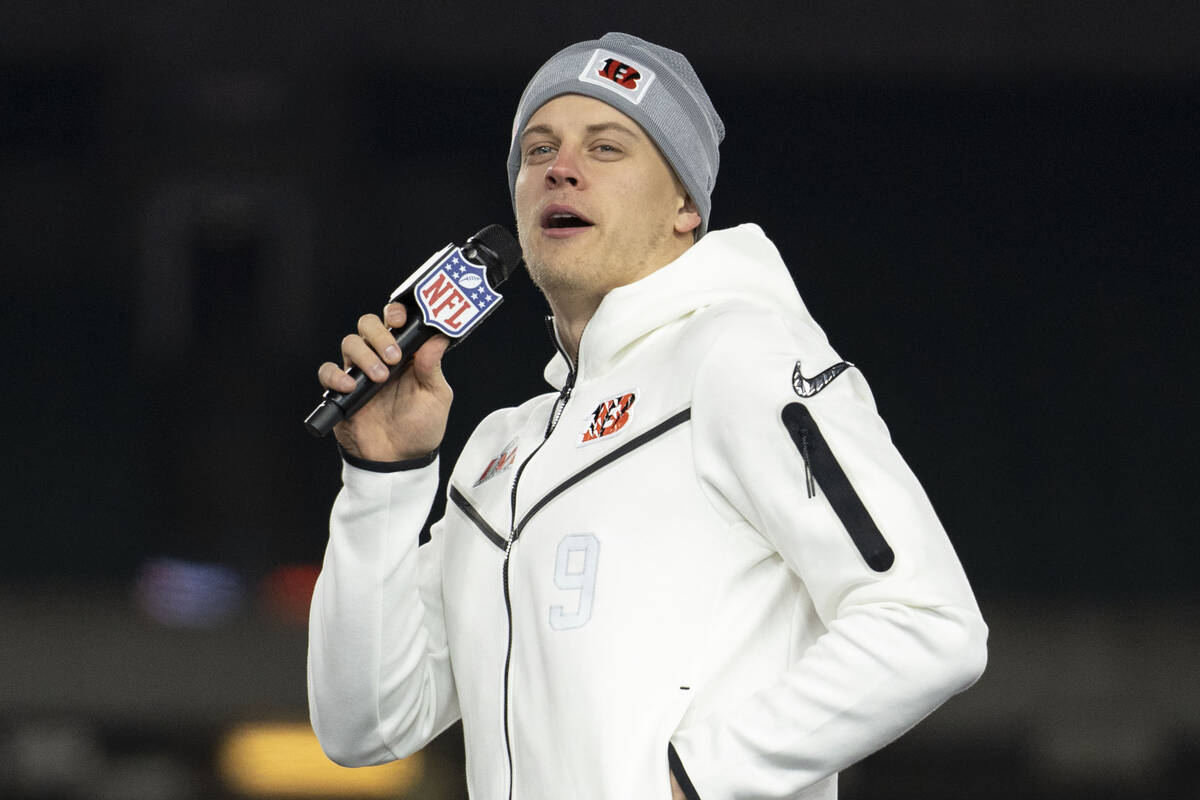 Cincinnati Bengals quarterback Joe Burrow speaks during the Super Bowl LVI Opening Night Fan Ra ...