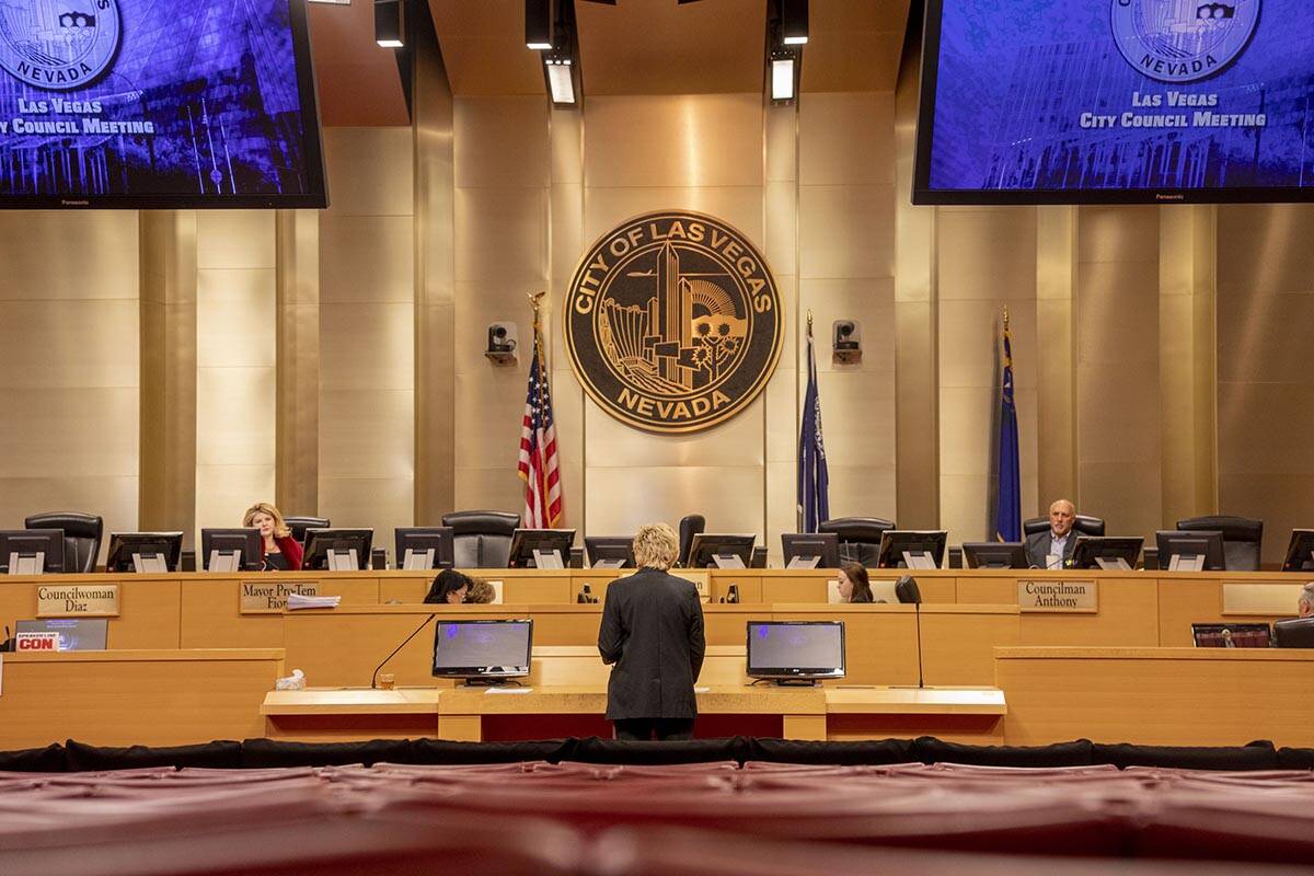 Las Vegas City Hall Council Chambers, in Las Vegas on Wednesday, March 18, 2020. (Elizabeth Pag ...