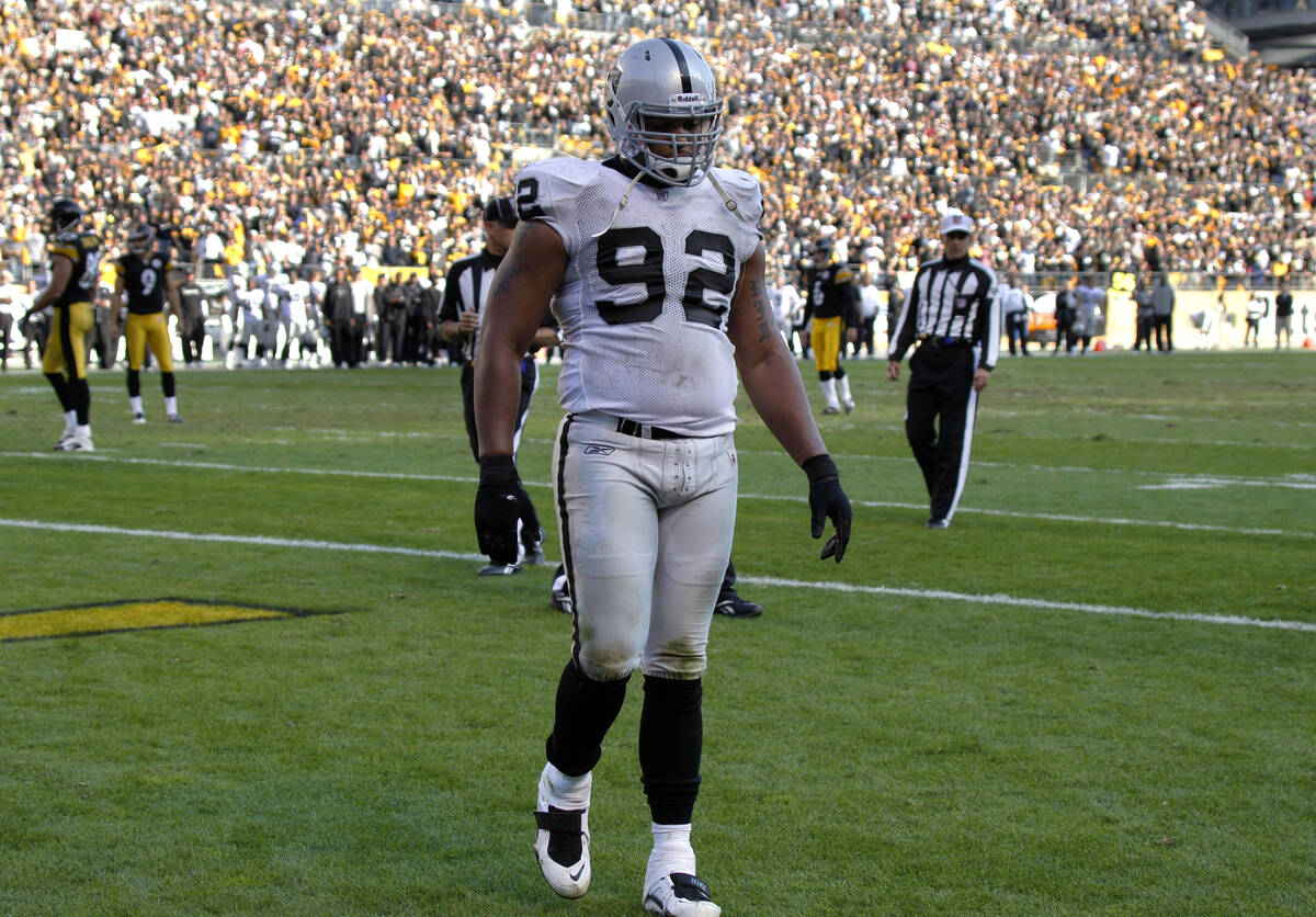 Oakland Raiders defensive end Richard Seymour (92) leaves the field after being ejected for hit ...