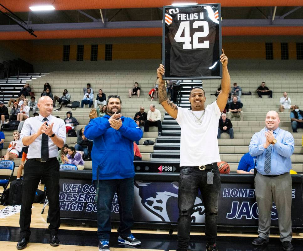 Cleveland Browns linebacker Tony Fields ll, a 2016 graduate of Desert Pines, holds his #42 Brow ...