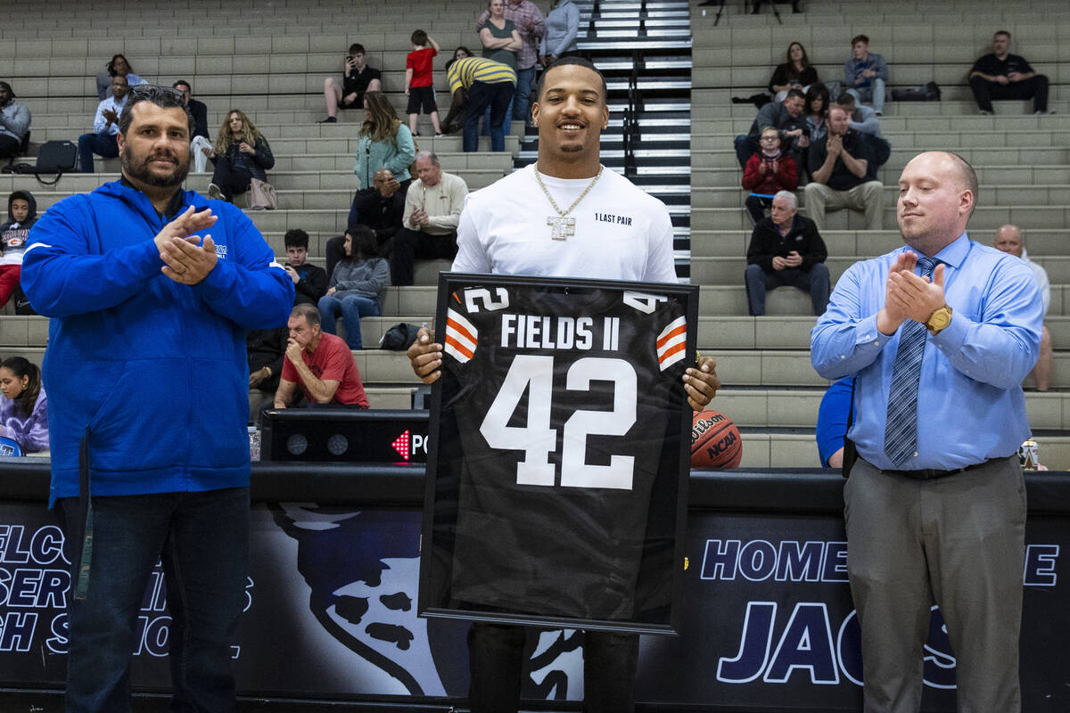 Cleveland Browns linebacker Tony Fields ll, a 2016 graduate of Desert Pines, holds his #42 Brow ...