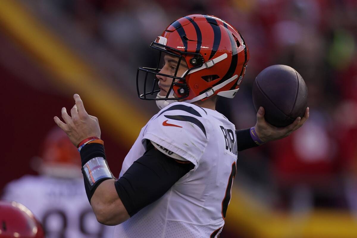 Cincinnati Bengals quarterback Joe Burrow throws a pass during the second half of the AFC champ ...