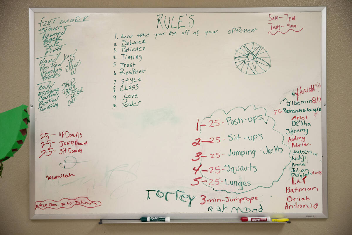 The white board in one of the workout rooms at Doolittle Community Center on Wednesday, Feb. 9, ...