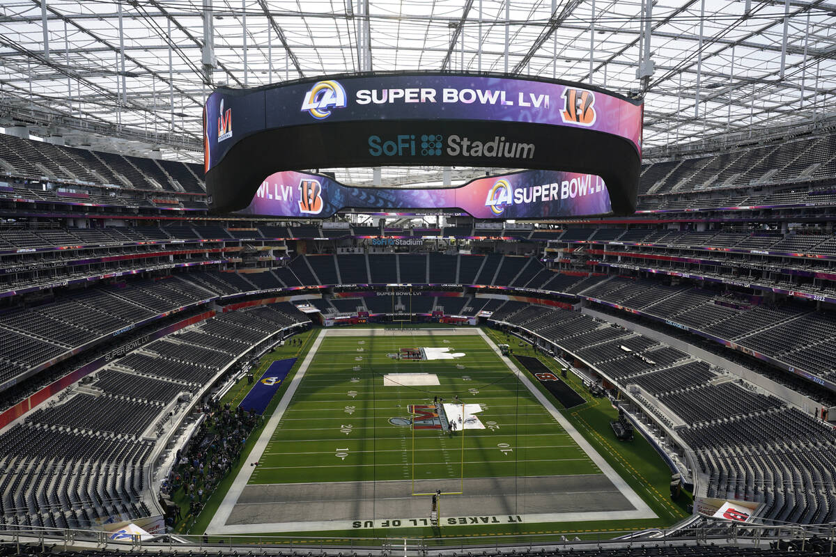 The interior of SoFi Stadium is seen days before the Super Bowl NFL football game Tuesday, Feb. ...