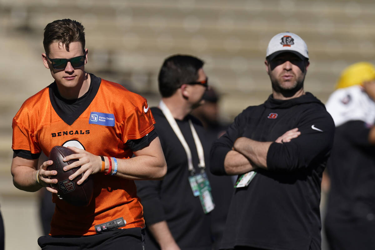 Cincinnati Bengals quarterback Joe Burrow (9) takes a snap during a walk through in an NFL foot ...