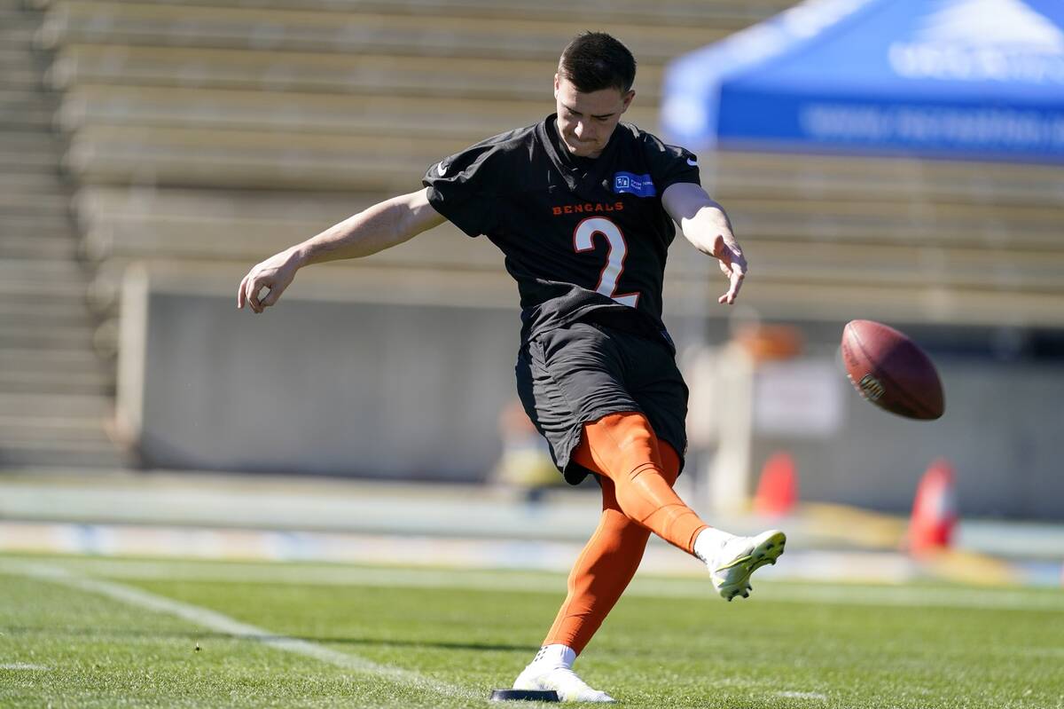 Cincinnati Bengals' Evan McPherson kicks during practice Thursday, Feb. 10, 2022, in Los Angele ...