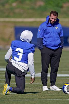 Los Angeles Rams head coach Sean McVay, right, talks to wide receiver Odell Beckham Jr. during ...