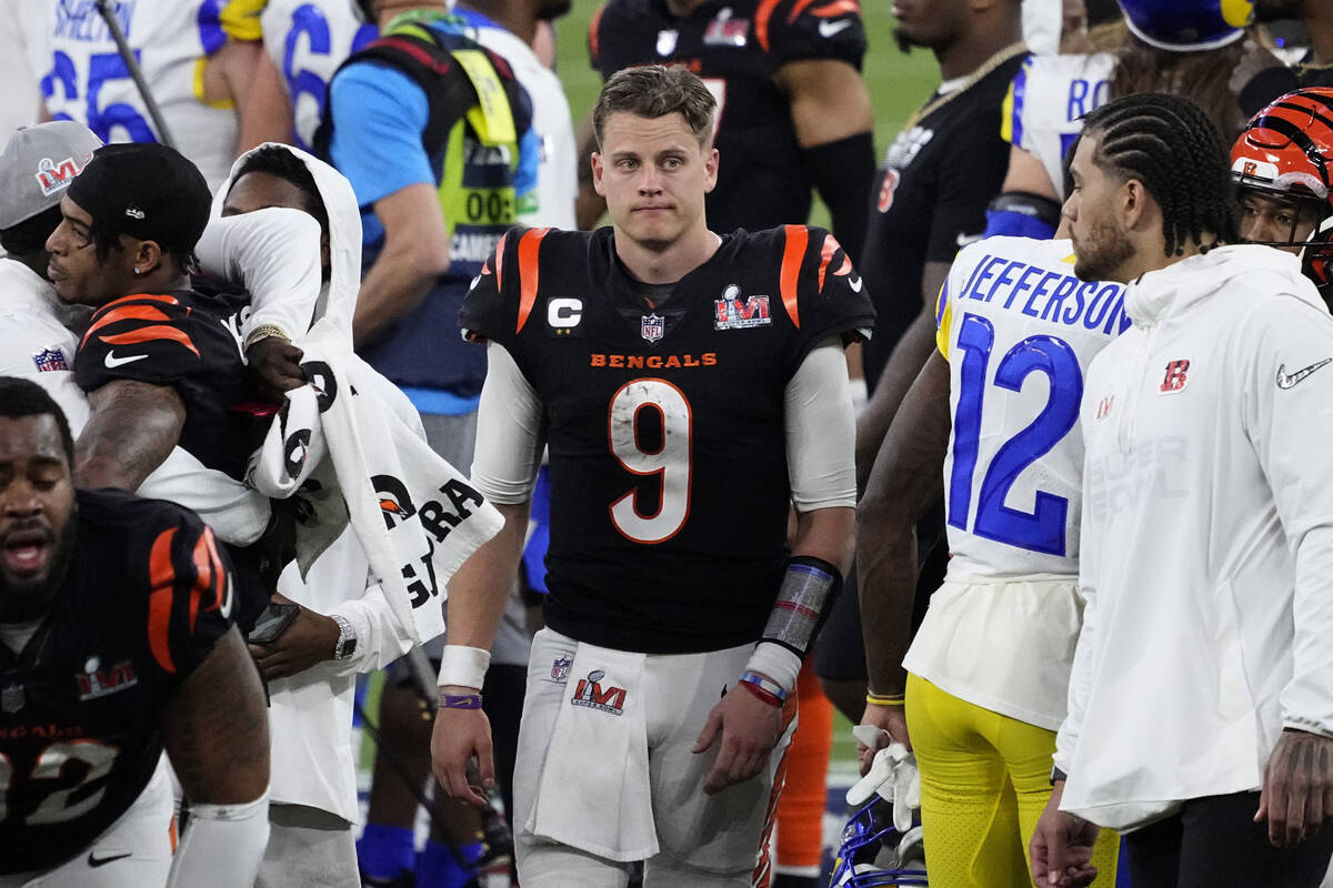 Cincinnati Bengals quarterback Joe Burrow (9) leaves the field after the NFL Super Bowl 56 foot ...