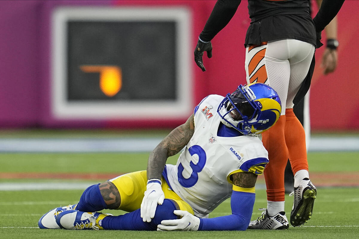 Los Angeles Rams wide receiver Odell Beckham Jr. (3) reacts after a play against the Cincinnati ...