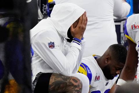 Los Angeles Rams wide receiver Odell Beckham Jr. sits on the bench during the second half of th ...